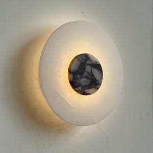 Luminous Alabaster Wall Sconce with Calacatta Marble Medallion, Modern Minimalist Handmade Wall Sconce, Wall Lamp, Wall Art