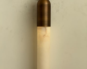 Luminous Alabaster Slim Cylinder Sconce with Brass detail, Modern Minimalist Handmade Wall Sconce, Wall Lamp, Wall Art