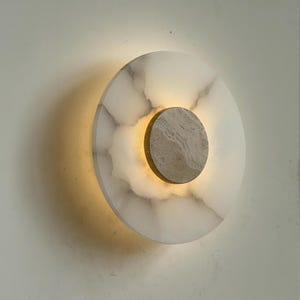 Luminous Alabaster Wall Sconce with Travertine Medallion, Modern Minimalist Handmade Wall Sconce, Wall Lamp, Wall Art
