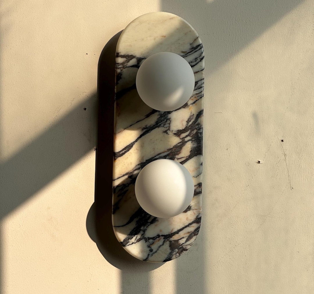 Calacatta Viola Marble Wall Sconce – 7.8 Inch Alabaster Sconce With 3-Color Dimming, Modern Hardwired Stone Glass Wall Lamp For Bedroom, Bathroom, Hallway & Spa