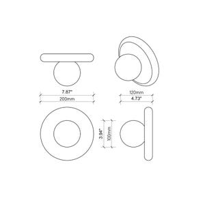 May include: Line drawings of four different modern wall sconce designs. Dimensions are provided in inches and millimeters. The designs include a circular shape, a sphere with a flat top, a sphere with a curved back, and a sphere with a flat back.