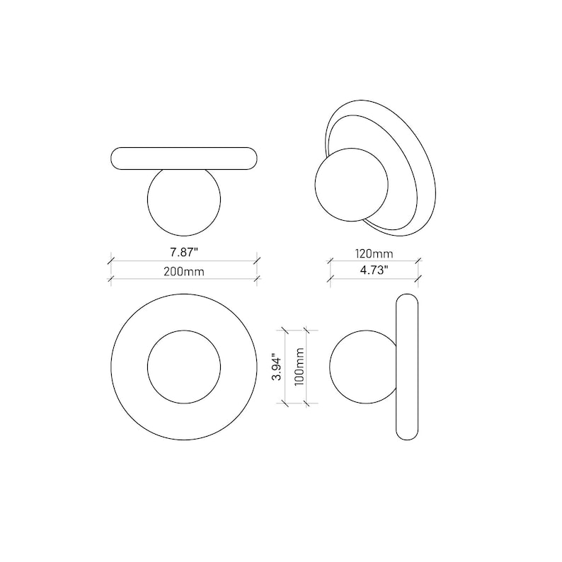 May include: Line drawings of four different modern wall sconce designs. Dimensions are provided in inches and millimeters. The designs include a circular shape, a sphere with a flat top, a sphere with a curved back, and a sphere with a flat back.