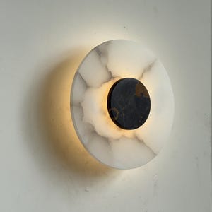 Luminous Alabaster Wall Sconce with Nero Black Medallion, Modern Minimalist Handmade Wall Sconce, Wall Lamp, Wall Art