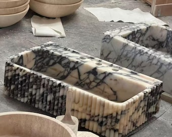 Hand Carved Calacatta Viola Marble Sink - Ribbed Bathroom Vanity Basin