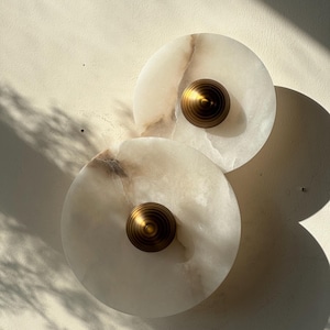 Terrain Canvas - Double Marble Light with Brass Dome Wall Light, Modern Minimalist Handmade Wall Sconce, Wall Lamp, Wall Art