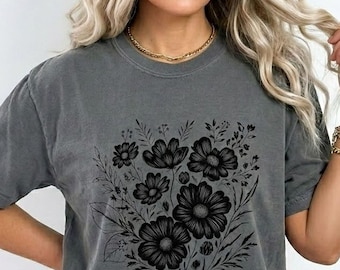 Comfort Colors Botanisches Wildblumen-T-Shirt, Vintage-T-Shirt mit gepresster Blumen-Grafik