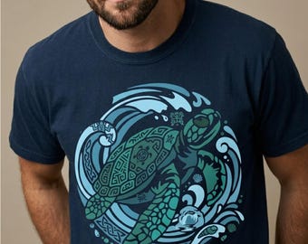 Stammes-Meeresschildkröten-Shirt: Azteken-Maya-Ozean-Wellen-Grafik-T-Shirt - Küsten-Boho-Kleidung