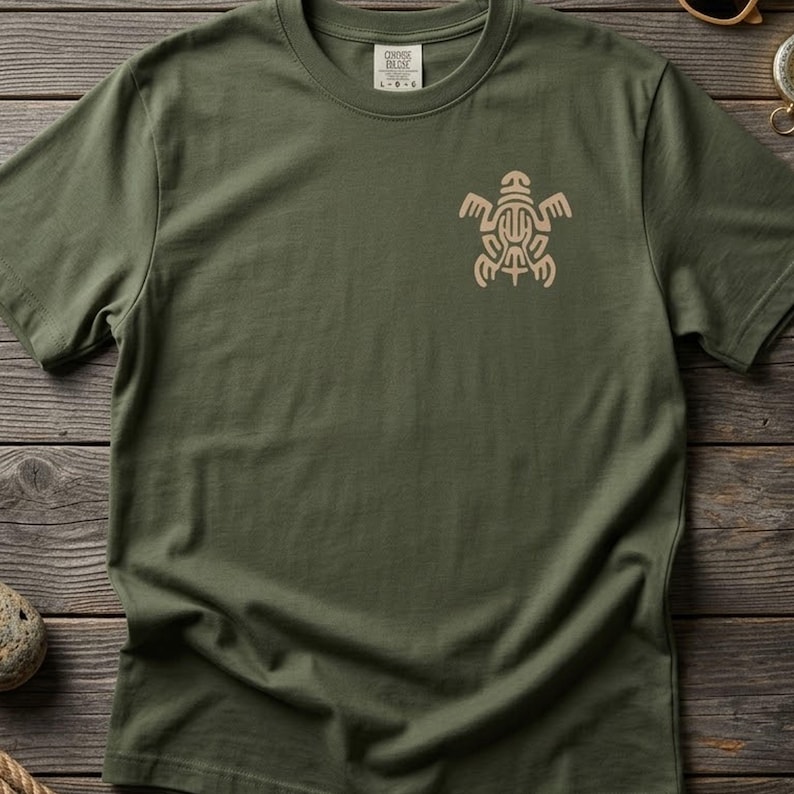May include: An olive green short-sleeve t-shirt featuring a light tan graphic of a stylized turtle on the left chest area. The shirt has a crew neckline and a visible interior neck label with the text Comfort Colors and size L.