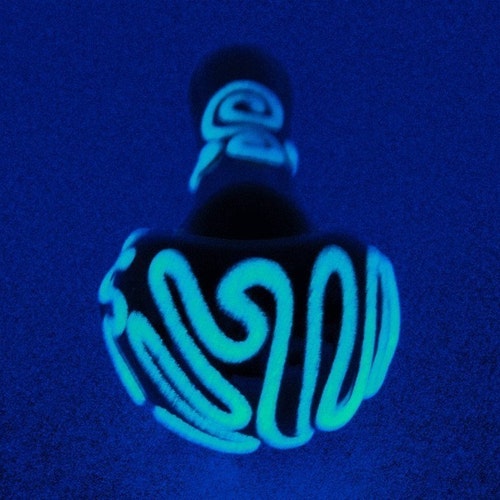 SALE! Glow in the Dark Glass Pipe Smoking Bowl Black with White 3-D Artwork that Glows hand blown by J. Knight of MidKnightGlass.com
