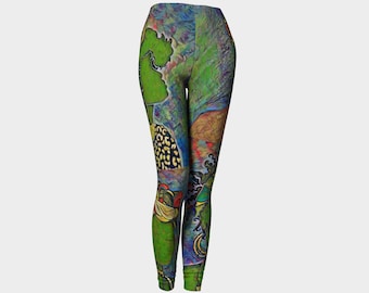 Leggings Green Art: pantalones de yoga bohemios de cintura alta / Gallery Rejects / Ajuste de compresión / Estilo para festivales, entrenamiento y uso diario