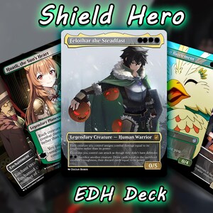 Könnte beinhalten: Eine Sammlung von Fantasy-Sammelkarten mit Charakterillustrationen und Text. Die Karten zeigen einen Krieger, eine Frau und andere Kreaturen. Die Wörter "Shield Hero" und "EDH Deck" sind ebenfalls sichtbar.