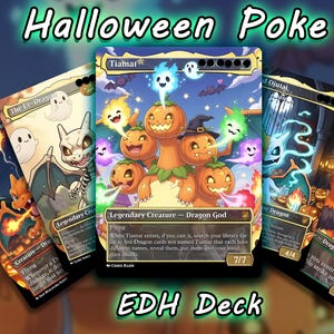 May include: A collection of Halloween-themed trading cards featuring fantasy creatures and the text "Halloween Poke" and "EDH Deck". The central card depicts a dragon god made of pumpkins. Other cards show dragons and ghosts.