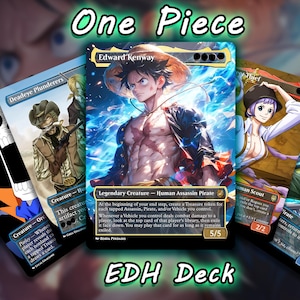 May include: A collection of One Piece EDH deck cards featuring various characters. The central card showcases a muscular character with a straw hat. The cards have vibrant colors and include text like "Edward Kenway" and "EDH Deck".