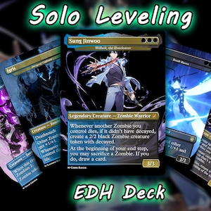 May include: A selection of fantasy trading cards featuring characters from "Solo Leveling." The cards showcase detailed illustrations and text descriptions of various characters. The text "EDH Deck" is also visible.