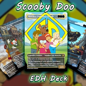 May include: A selection of custom Scooby Doo themed EDH deck cards. The central card features the gang with Scooby Doo. Other cards include illustrations of a clown, a monster, and a detective. The text "EDH Deck" is at the bottom.