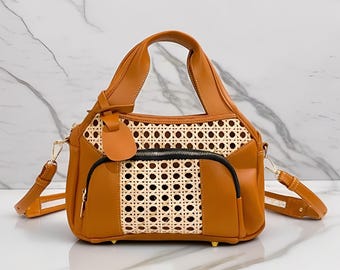 Bolso clásico de ratán de cuero para mujer, bolso tote de ratán, bolso de ratán balinés, bolso de ratán bohemio