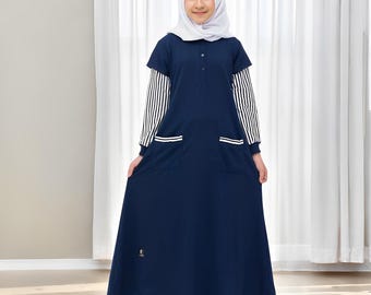 Vestido syari para niña de la línea Navy Wing, vestido musulmán, abaya para niña, abaya para niña, ropa islámica para niña, ropa islámica para niña
