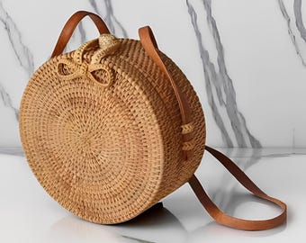 20 cm Round Rattan Bag with Beautiful Ribbon – Rattan Brown, Rattan Tote Bag,Bali Rattan Bag, Boho Rattan Bag