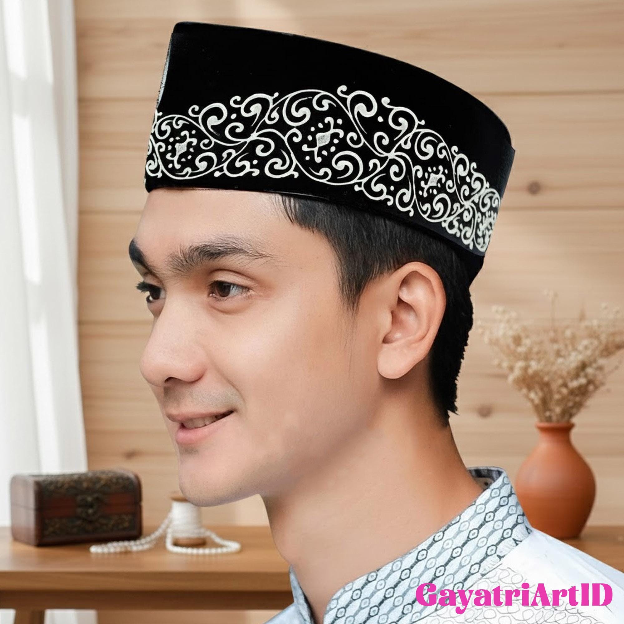 Hand-painted Salur Songkok, Indonesian Artisan Velvet Cap, Muslim