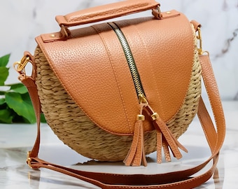 Elegante bolso tejido mendong étnico moderno hecho a mano, bolso de ratán, bolso de mano de ratán, bolso de ratán de Bali, bolso de ratán boho
