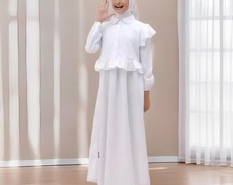 Gamis con bordado blanco Kalis Syari Manasik para niños, vestido musulmán, abaya para niños, abaya para niñas, ropa islámica para niños, ropa islámica para niñas