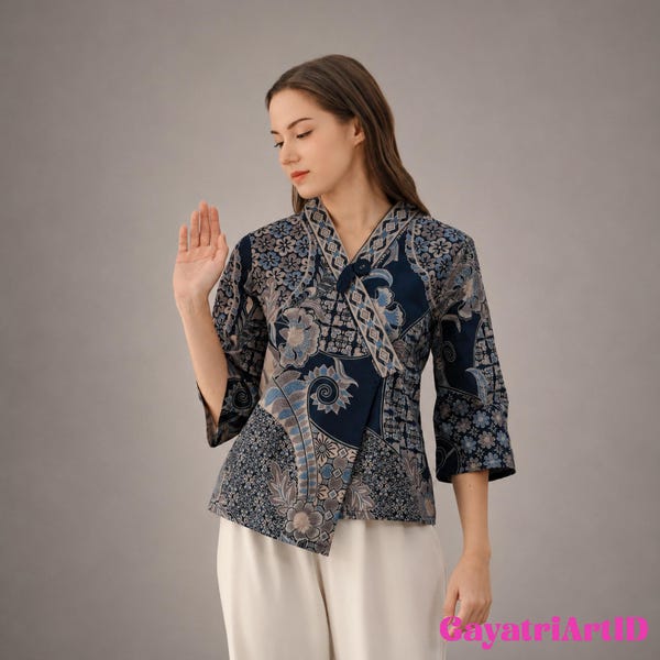 Kimono Style Batik Blouse, 3/4 Sleeve Stretch Cotton Women's Wrap Top