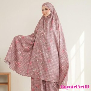 May include: A mauve-colored prayer garment set with a floral pattern. The set includes a head covering and a matching long garment. The fabric has a grid-like texture, and the floral design features pink and white flowers.