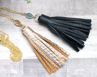 Leather Tassel Long Necklace with Druzy Stone