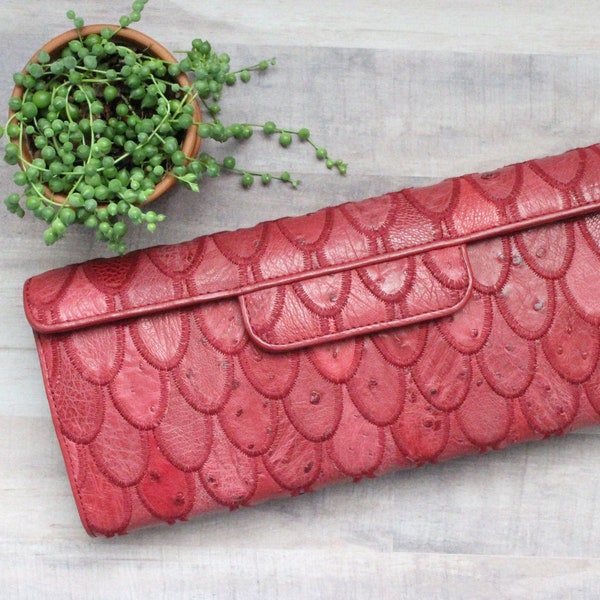 Leather Clutch / Party Bag / Clutch Bag / Purse / Patchwork - Ostrich Leather / Red