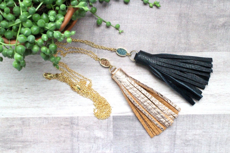 Collier Long Tassel en Cuir avec Pierre Druzy image 1