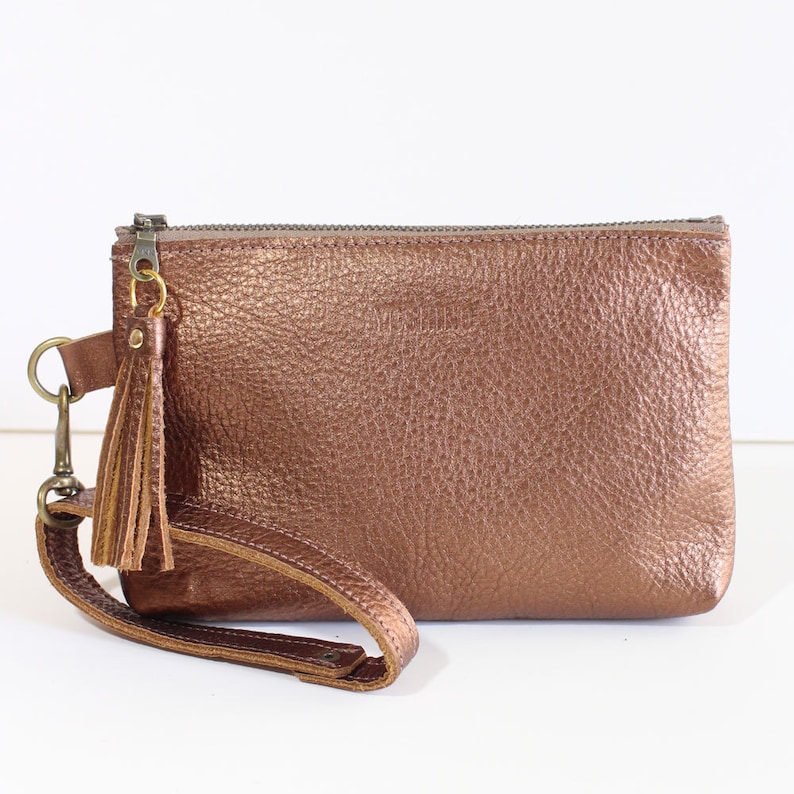 Leather Zipper Pouch Clutch bag Purse Clutch Makeup Pouch with Strap Handle and Tassel Charm Metallic Brown