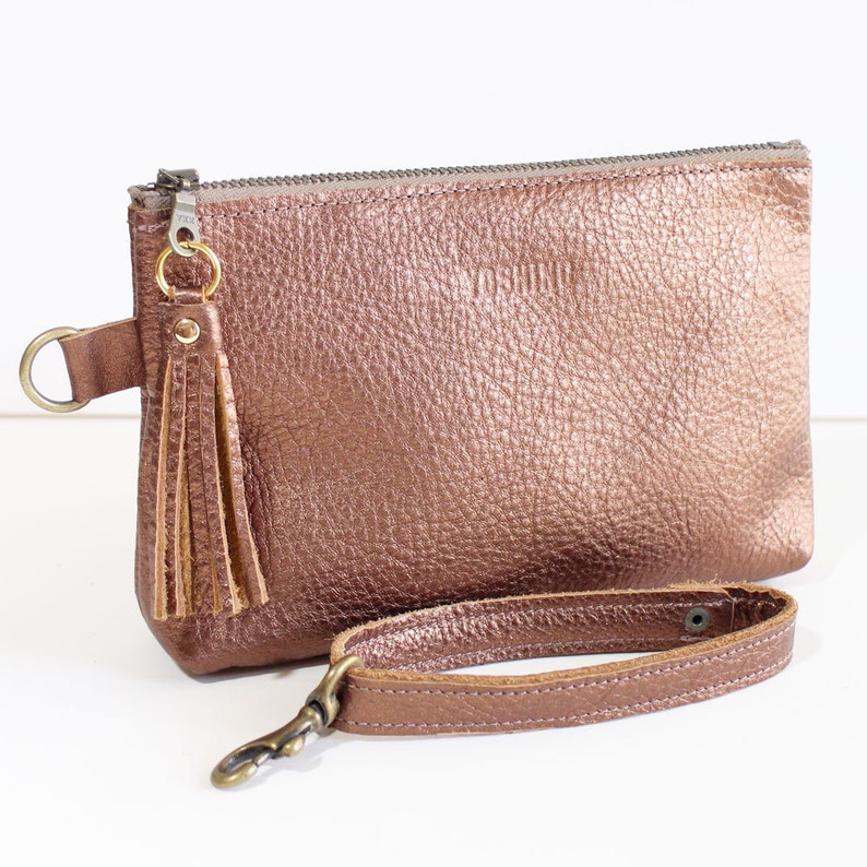 Leather Zipper Pouch Clutch bag Purse Clutch Makeup Pouch with Strap Handle and Tassel Charm Metallic Brown