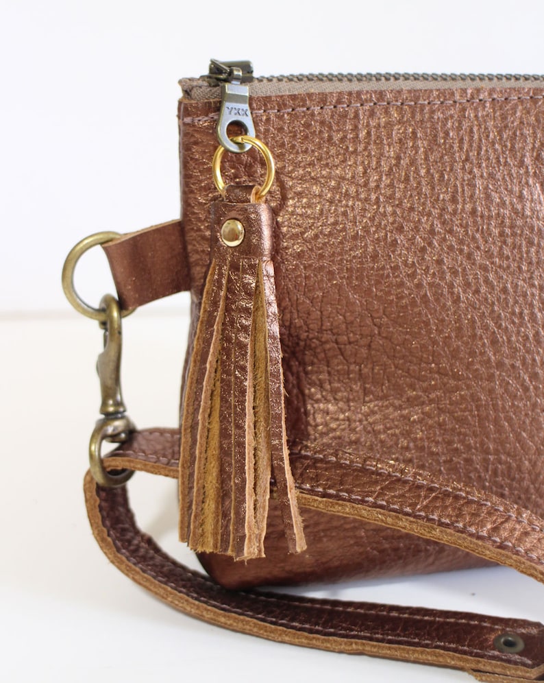 Leather Zipper Pouch Clutch bag Purse Clutch Makeup Pouch with Strap Handle and Tassel Charm Metallic Brown