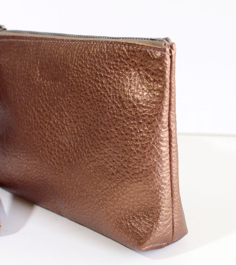 Leather Zipper Pouch Clutch bag Purse Clutch Makeup Pouch with Strap Handle and Tassel Charm Metallic Brown