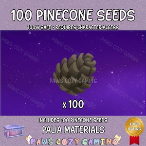 May include: An image with the text "100 PINECONE SEEDS" and "100% SAFE". A large pinecone is centered on a purple background with the text "PAWS COZY GAMING" repeated. The image also includes the text "x 100" and "PALIA MATERIALS".