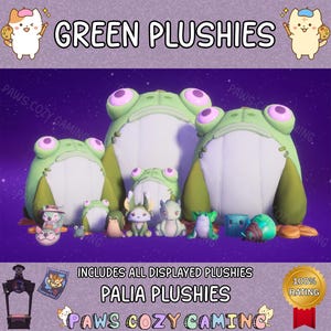 May include: A collection of green plushies, including frog-shaped and other character designs, against a purple starry background. The text "GREEN PLUSHIES" and "PALIA PLUSHIES" are displayed. The image also includes the text "PAWS COZY GAMING" and "100% RATING".
