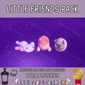 May include: The image features a purple background with three plush toys: a light purple cat, a pink cat, and a gray pig. The text "LITTLE FRIENDS PACK" is at the top. Additional text includes "INCLUDES ALL DISPLAYED PLUSHIES" and "PALIA PLUSHIES".