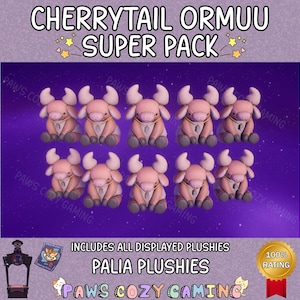 Puede incluir: Imagen promocional de peluches Palia. La imagen presenta diez peluches Ormuu rosas con grandes cuernos y detalles grises, dispuestos sobre un fondo morado. El texto en la parte superior dice "CHERRYTAIL ORMUU SUPER PACK". El texto adicional incluye "INCLUDES ALL DISPLAYED PLUSHIES" y "PALIA PLUSHIES".
