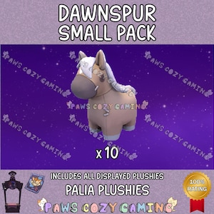 May include: A plush horse toy with a tan body, white mane, and gray accents is featured in this image. The text "DAWNSPUR SMALL PACK" is at the top, and "x 10" is below the horse. The background is a purple starry sky.