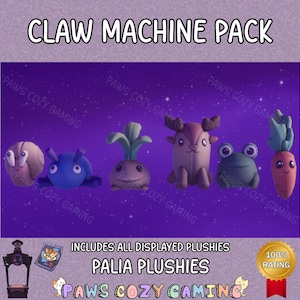 May include: A claw machine game with a purple background and stars. The machine is filled with plush toys, including a snail, a frog, a carrot, a plant, and a deer. The text "CLAW MACHINE PACK" is at the top of the image. The text "INCLUDES ALL DISPLAYED PLUSHIES" is at the bottom of the image. The text "PALIA PLUSHIES" is below the text "INCLUDES ALL DISPLAYED PLUSHIES". The text "PAWS COZY GAMING" is at the bottom of the image. A gold star with the text "100% RATING" is in the bottom right corner of the image.