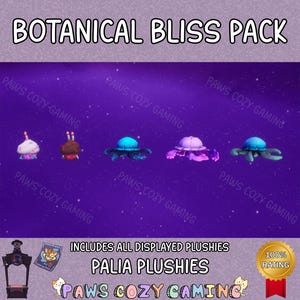 Könnte beinhalten: Das Bild zeigt ein "Botanical Bliss Pack" mit mehreren Plüschtieren vor einem lila Sternenhintergrund. Der Text "Palia Plushies" ist sichtbar, zusammen mit dem Verkäufernamen "Paws Cozy Gaming."