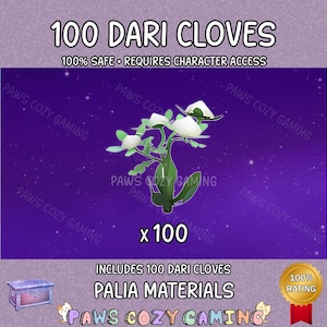 May include: An image featuring a stylized plant with white flower-like structures and green leaves, set against a purple background with the text "100 DARI CLOVES." The image also includes the text "PALIA MATERIALS" and a gold seal.