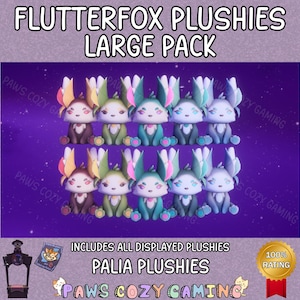 May include: A group of Flutterfox plush toys in shades of brown, green, and blue, set against a purple backdrop. The words "FLUTTERFOX PLUSHIES LARGE PACK" are visible. The image also includes the text "PALIA PLUSHIES".