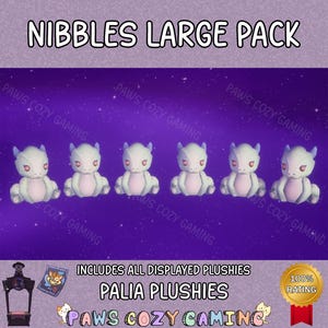 May include: A product image featuring six white and pink plush toys with red eyes, arranged on a purple background with a starry effect. The text "NIBBLES LARGE PACK" is at the top. Additional text includes "PALIA PLUSHIES" and "PAWS COZY GAMING".