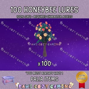 May include: An image with text that reads "100 HONEYBEE LURES" and "100% SAFE • REQUIRES CHARACTER ACCESS". A purple background with a tree with orange and yellow flowers. The text "x 100" is below the tree. The image also includes a treasure chest and a gold medal.