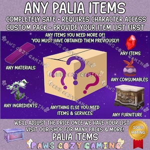 May include: An advertisement for Palia items. The image features a purple background with various game-related items, including a box with question marks, a red gem, and furniture. Text includes "ANY PALIA ITEMS" and "PAWS COZY GAMING".