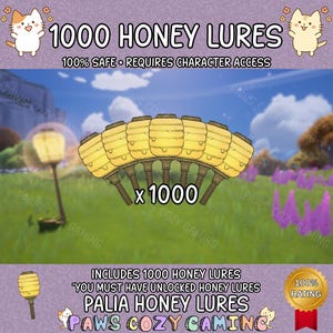 以下が含まれることがあります： 「1000 Honey Lures」を宣伝する画像で、「100% Safe」と「Requires Character Access」というテキストが表示されています。画像には、黄色のハニーベイトの様式化されたイラストが描かれており、「x 1000」の数字が大きく表示されています。背景には風景が描かれています。