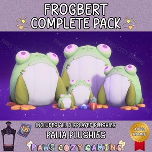 May include: The image showcases a "FROGBERT COMPLETE PACK" featuring five plush frog toys in varying sizes. The frogs are primarily green and white with pink accents. The text "PALIA PLUSHIES" is also visible. The background is a starry purple.