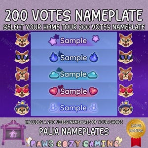 Op de afbeelding: Een paarse afbeelding met de tekst "200 VOTES NAMEPLATE" en "SELECT YOUR HOME TOUR 200 VOTES NAMEPLATE". Het ontwerp bevat cartoon vossengezichten en voorbeeld naamplaten met verschillende iconen. De tekst "PALIA NAMEPLATES" is ook aanwezig.