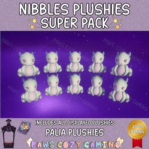 May include: A Super Pack of Nibbles plushies. The plush toys are light grey with pink details and red eyes, set against a purple starry backdrop. The text "PAWS COZY GAMING" is visible.